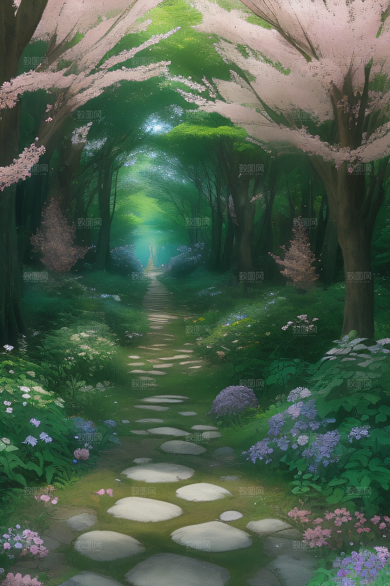 醉人花香沉静的森林景色