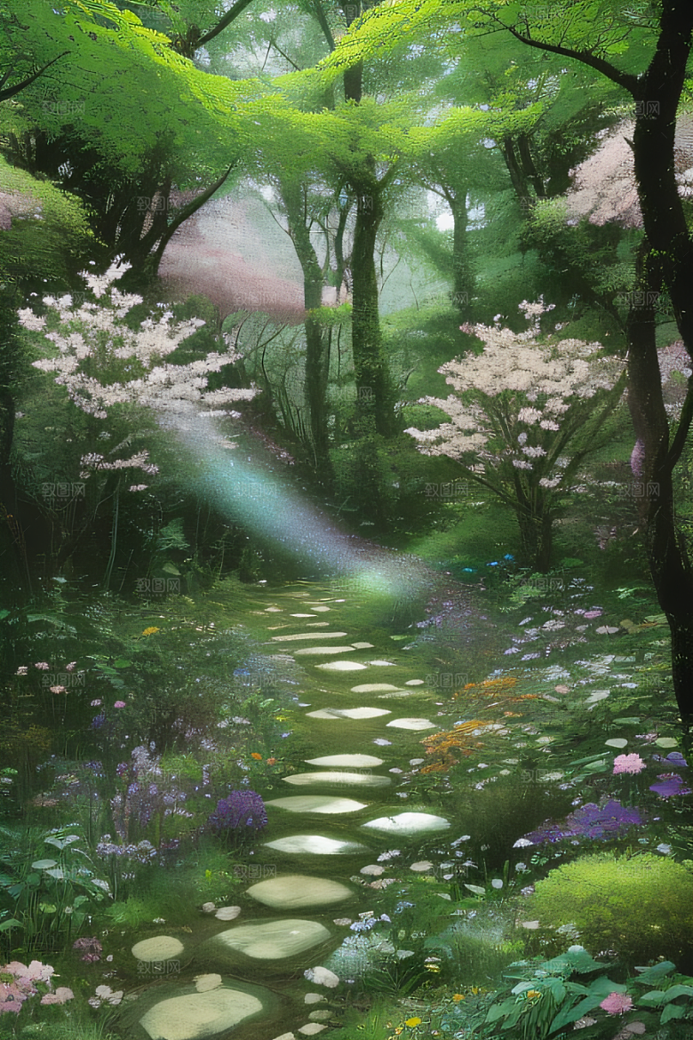 醉人花香沉静的森林景色