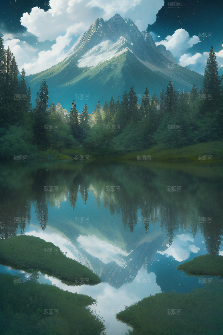 宁静湖泊飘浮云朵