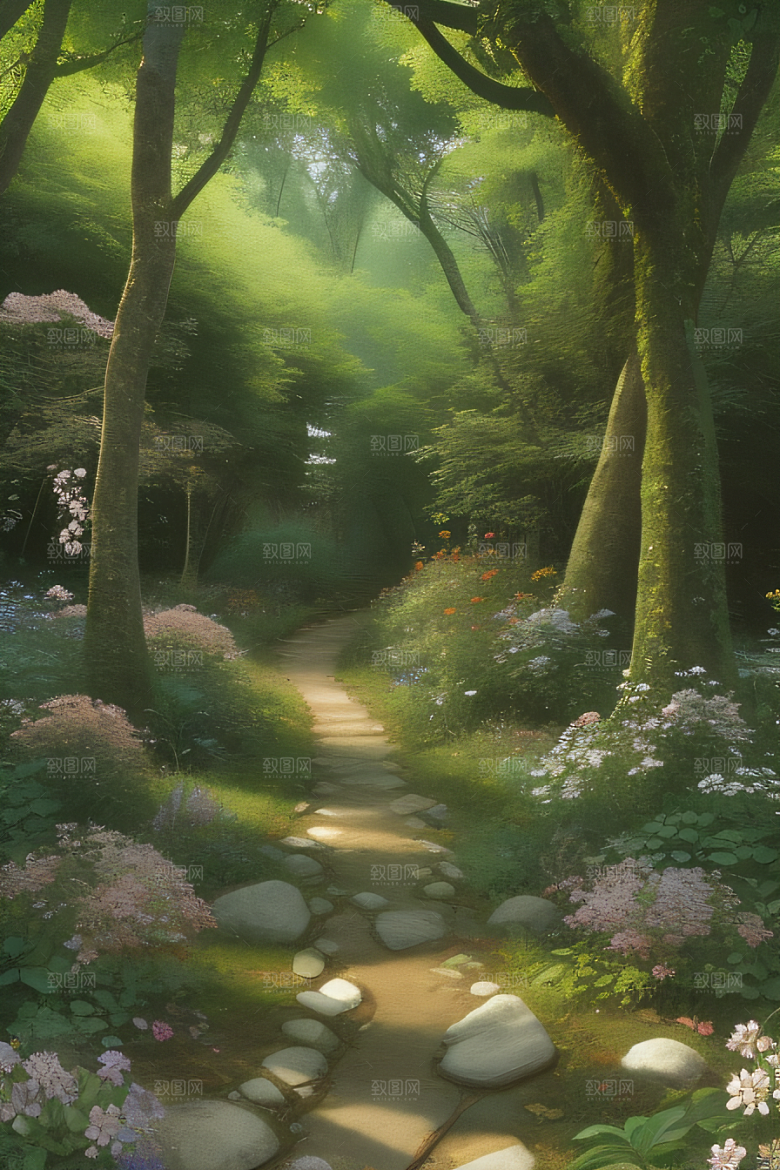 醉人花香沉静的森林景色
