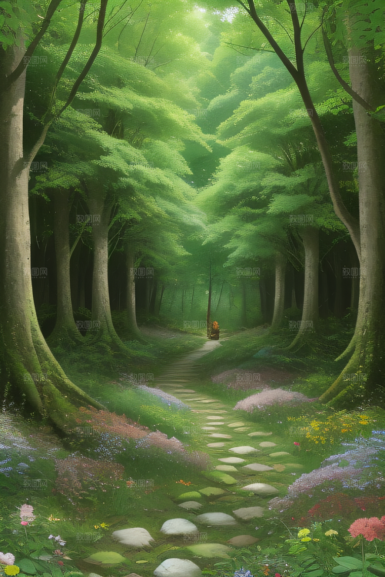 树影婆娑花香扑鼻迷人森林美景