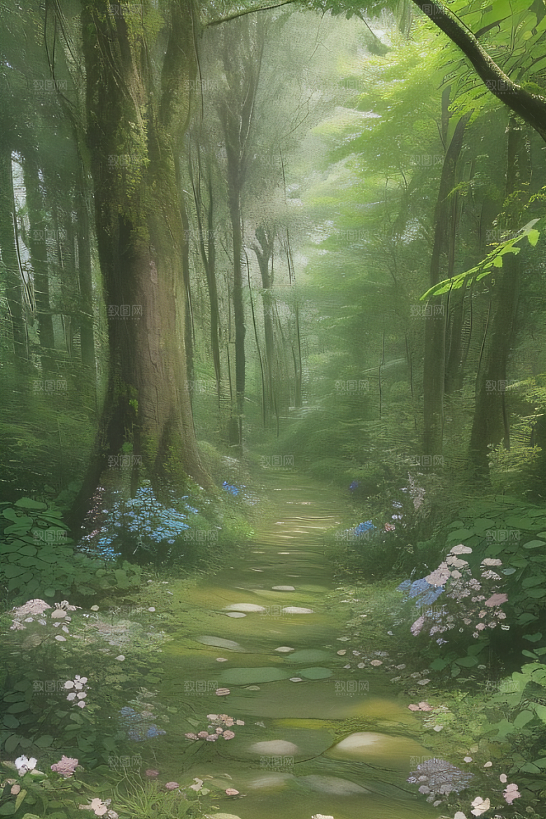 树影婆娑花香扑鼻迷人森林美景