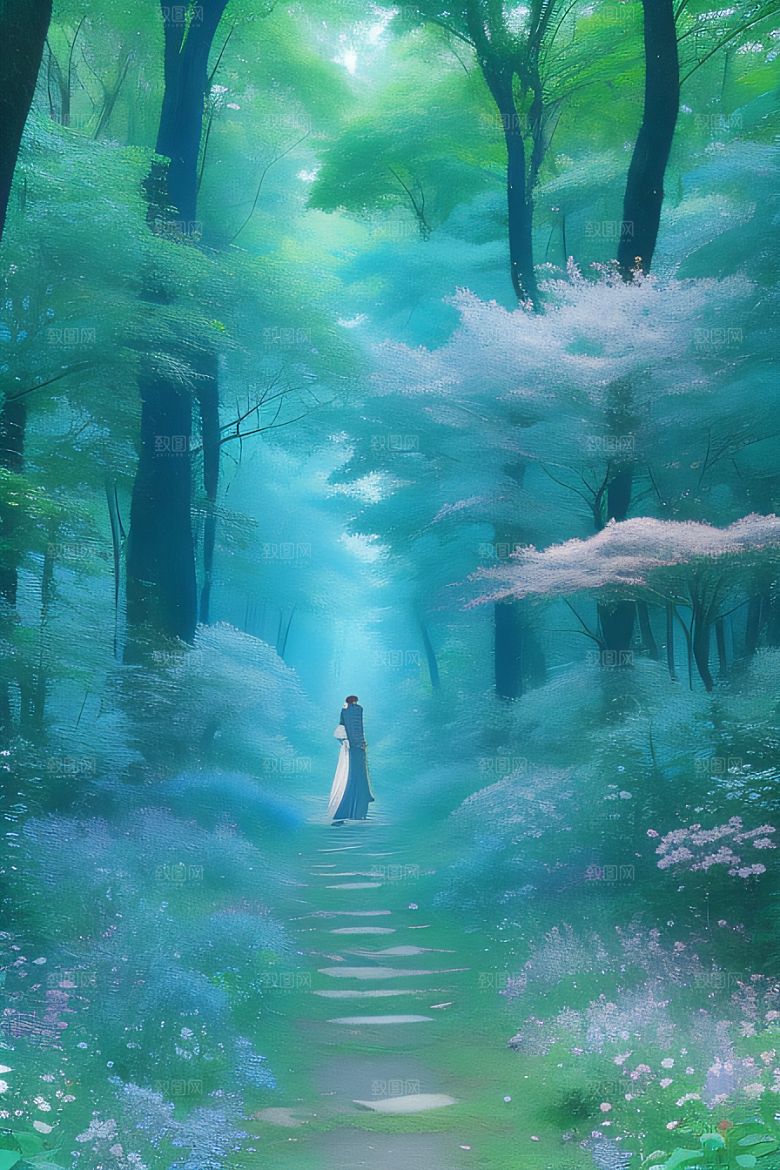 树影婆娑花香扑鼻迷人森林美景