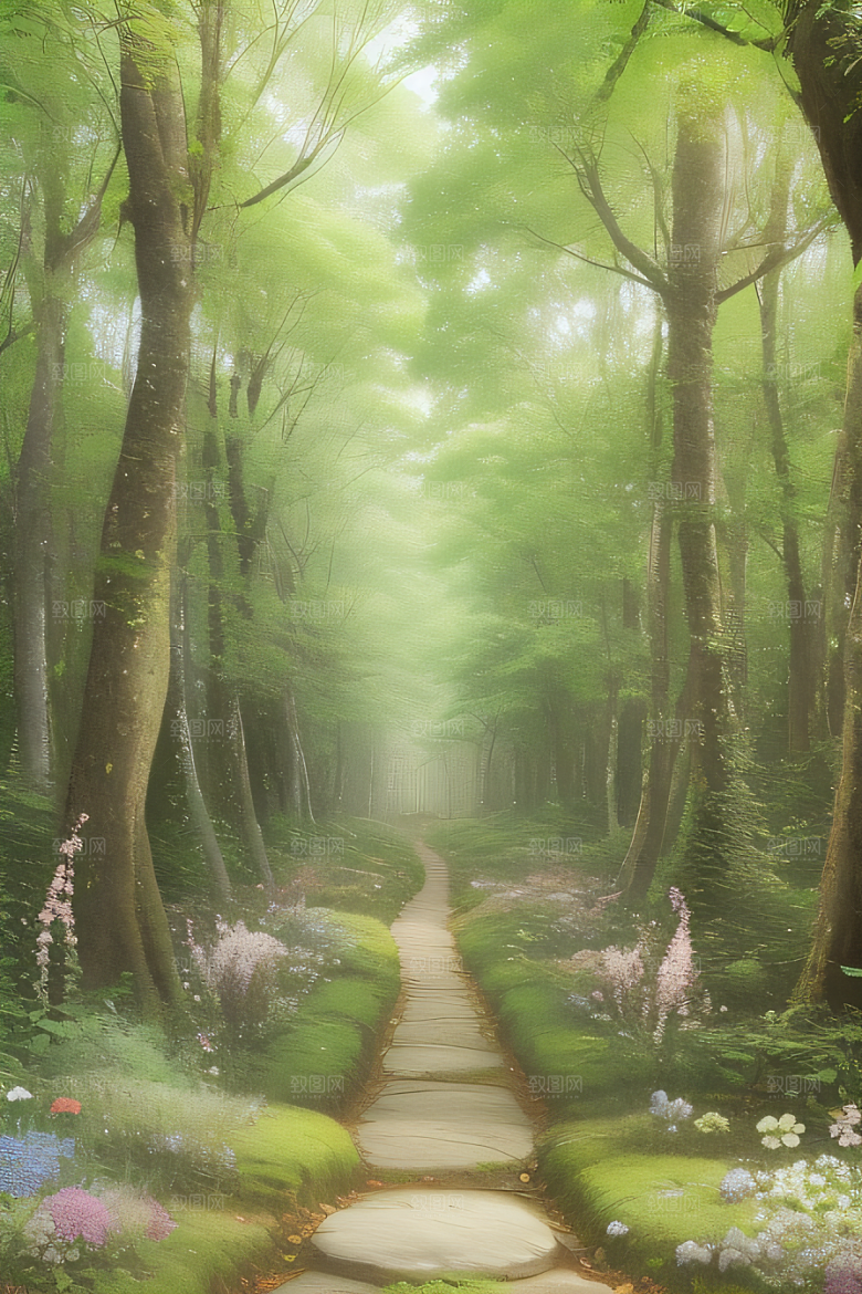 树影婆娑花香扑鼻迷人森林美景