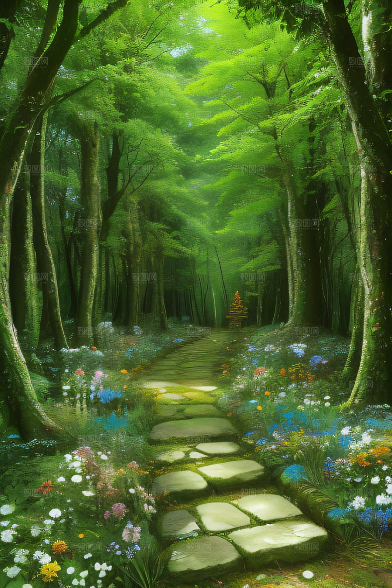 树影婆娑花香扑鼻迷人森林美景