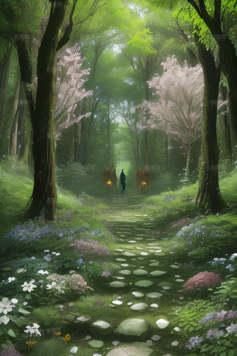 树影婆娑花香扑鼻迷人森林美景