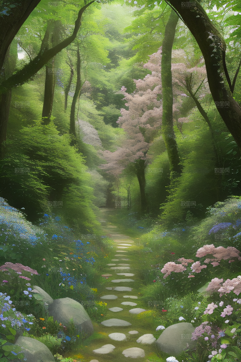 树影婆娑花香扑鼻迷人森林美景