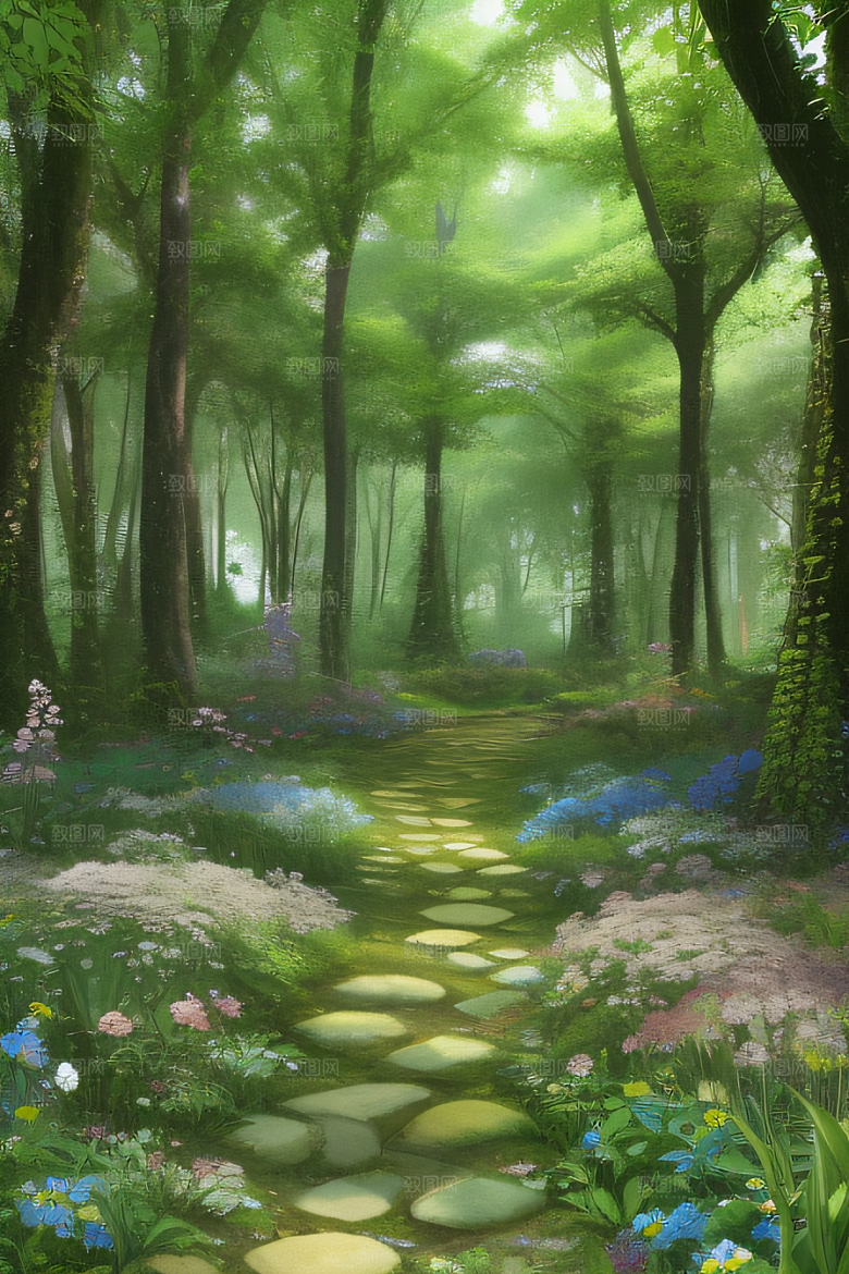 树影婆娑花香扑鼻迷人森林美景