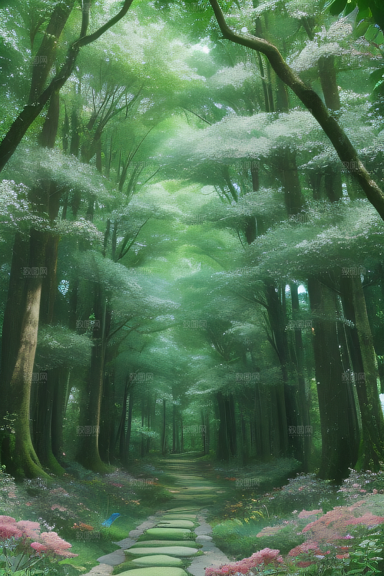 树影婆娑花香扑鼻迷人森林美景