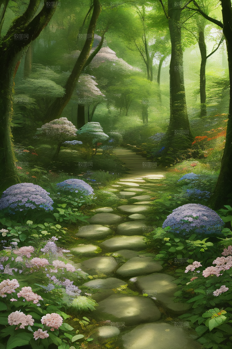 树影婆娑花香扑鼻迷人森林美景