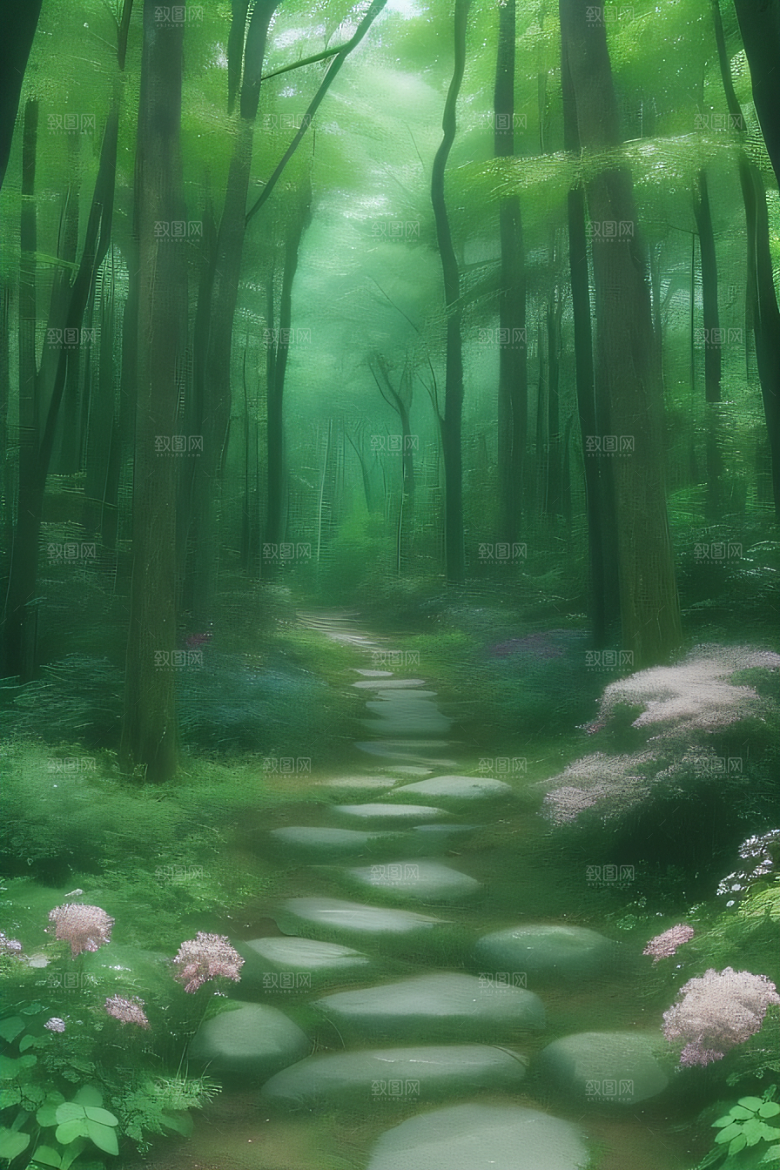 树影婆娑花香扑鼻迷人森林美景