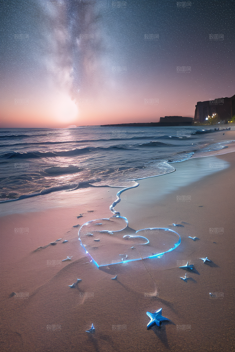 心形海滩上的浪漫玫瑰与炫光生物