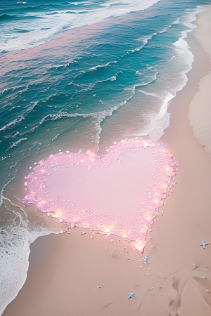 美丽沙滩粉蓝玫瑰与心形浪漫