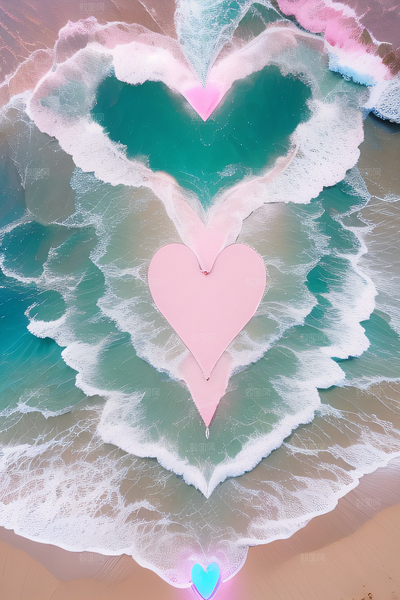 美丽沙滩粉蓝玫瑰与心形浪漫