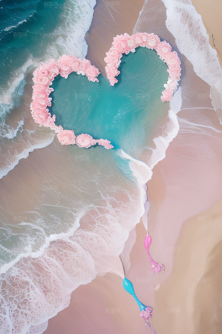 心形沙滩上的浪漫玫瑰与炫光生物