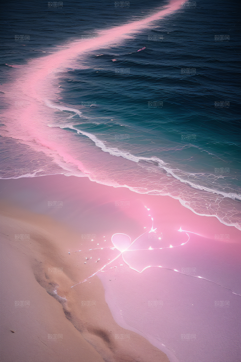 心形沙滩上的浪漫玫瑰与炫光生物