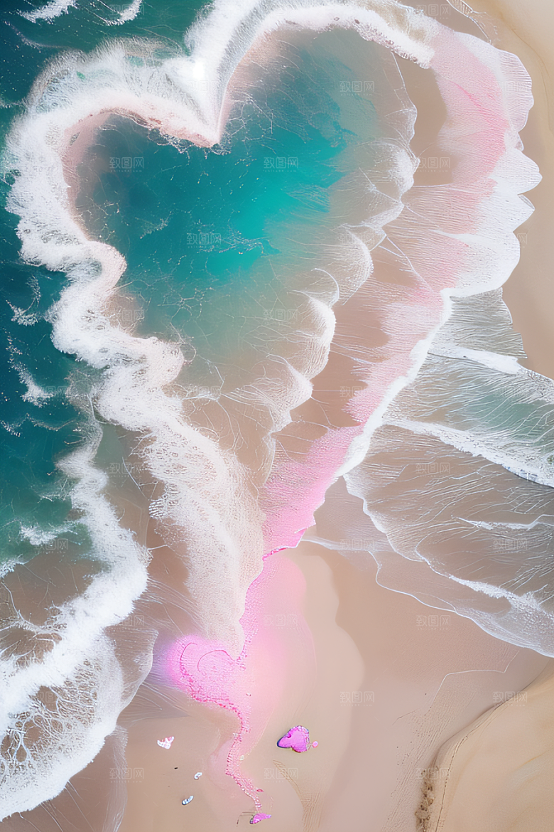 心形沙滩上的浪漫玫瑰与炫光生物