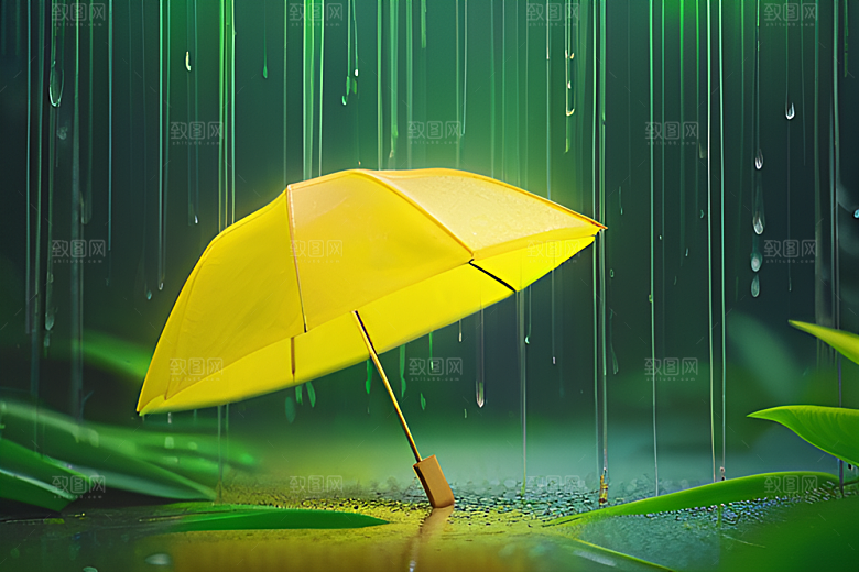 雨中的绿叶背景与雨伞