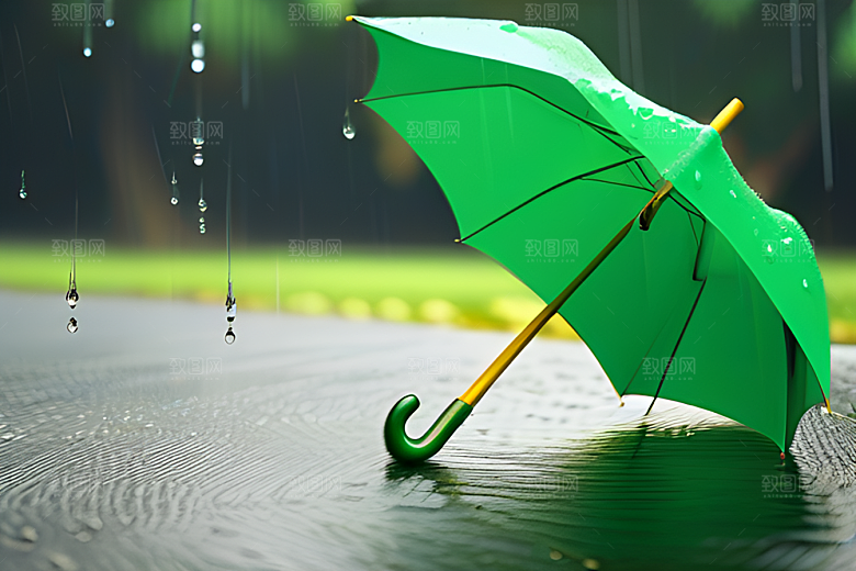 雨中的绿叶背景与雨伞