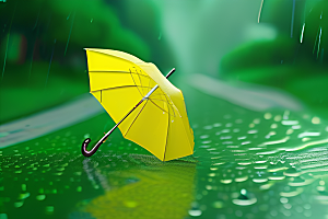雨中的绿叶背景与雨伞