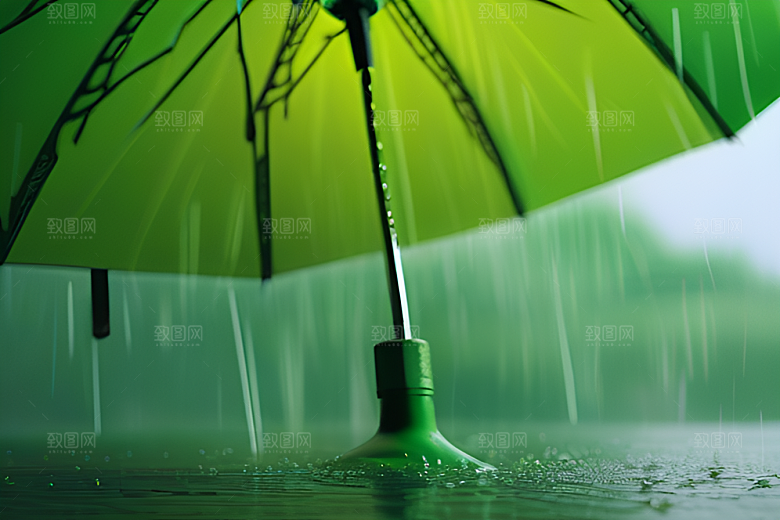 雨中的绿叶背景与雨伞