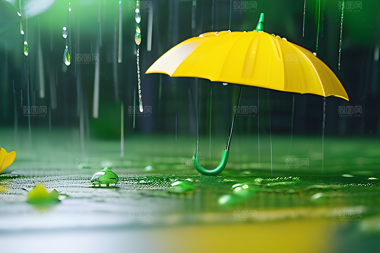 雨中的绿叶背景与雨伞