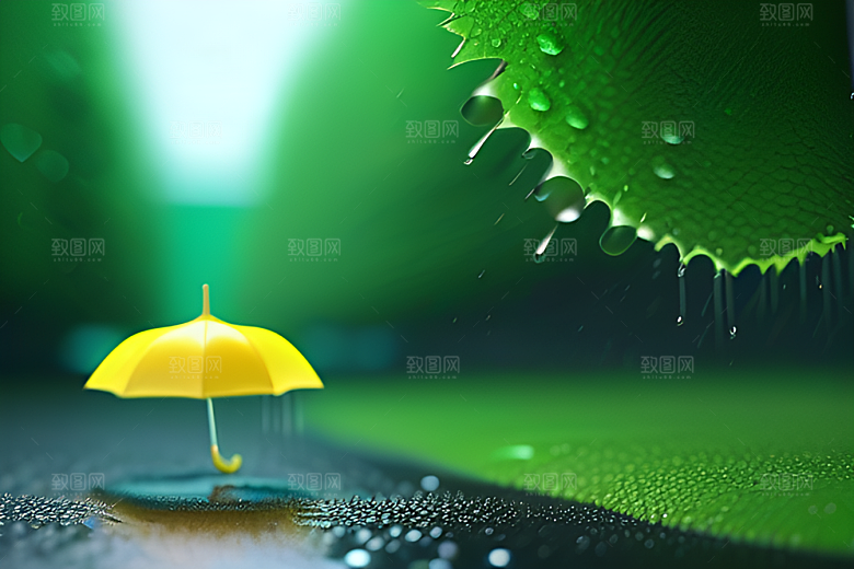 雨中的绿叶背景与雨伞