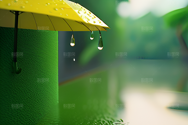 雨中的绿叶背景与雨伞