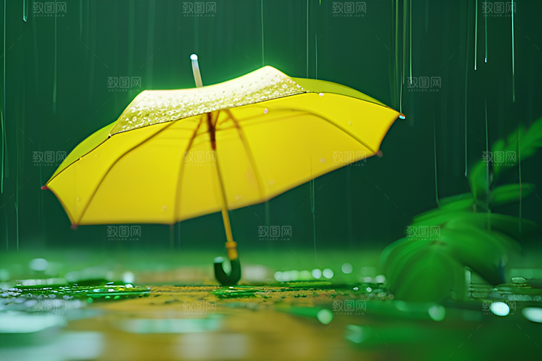 雨中的绿叶背景与雨伞
