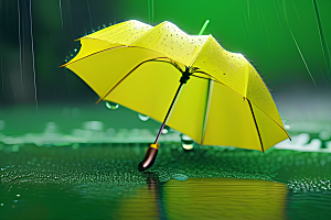 雨中的绿叶背景与雨伞