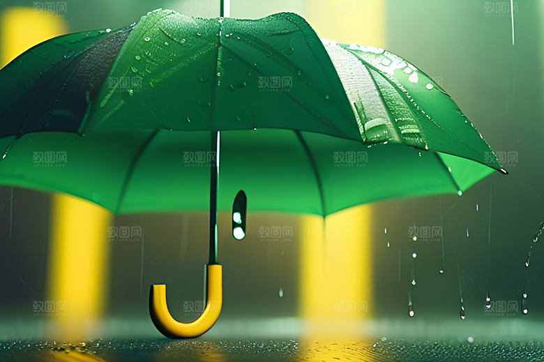 雨中的绿叶背景与雨伞