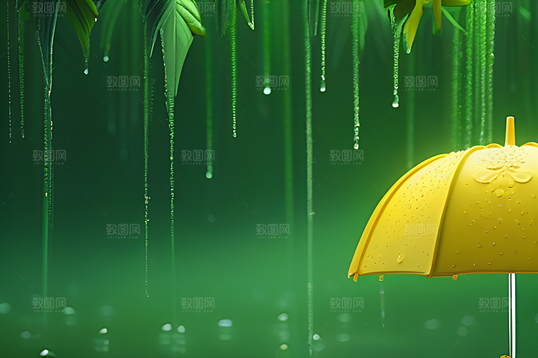 雨中的绿叶背景与雨伞