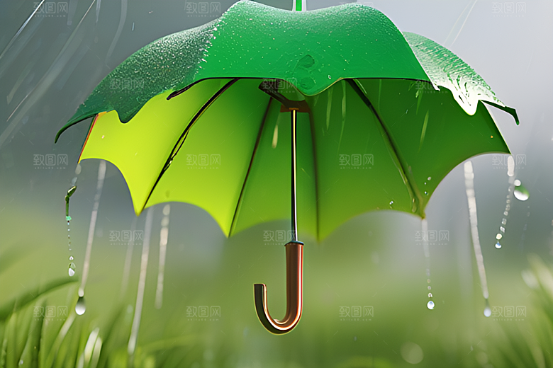 雨中的绿叶背景与雨伞