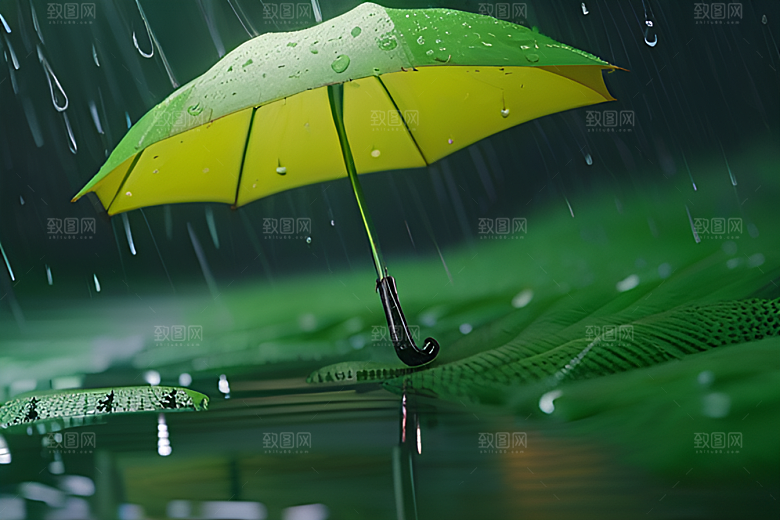 雨中的绿叶背景与雨伞