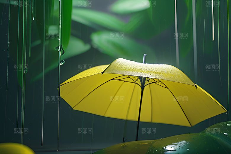 绿色背景下的水滴与雨伞