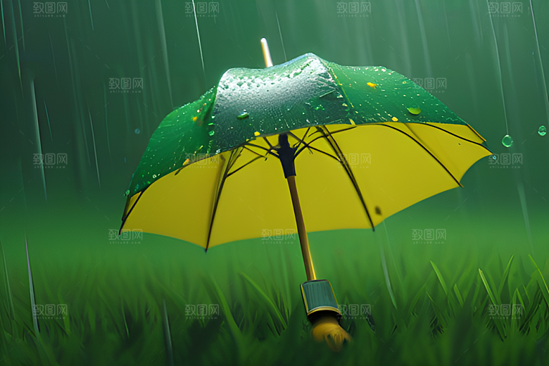 绿色背景下的水滴与雨伞