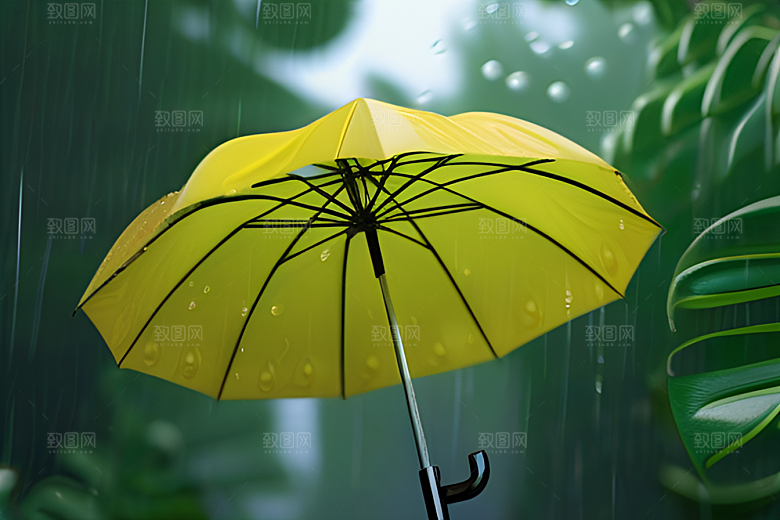 绿色背景下的水滴与雨伞