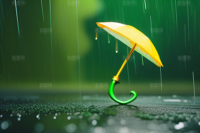 绿色背景下的水滴与雨伞