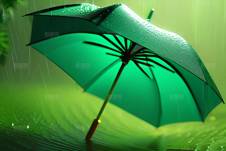 绿色背景下的水滴与雨伞