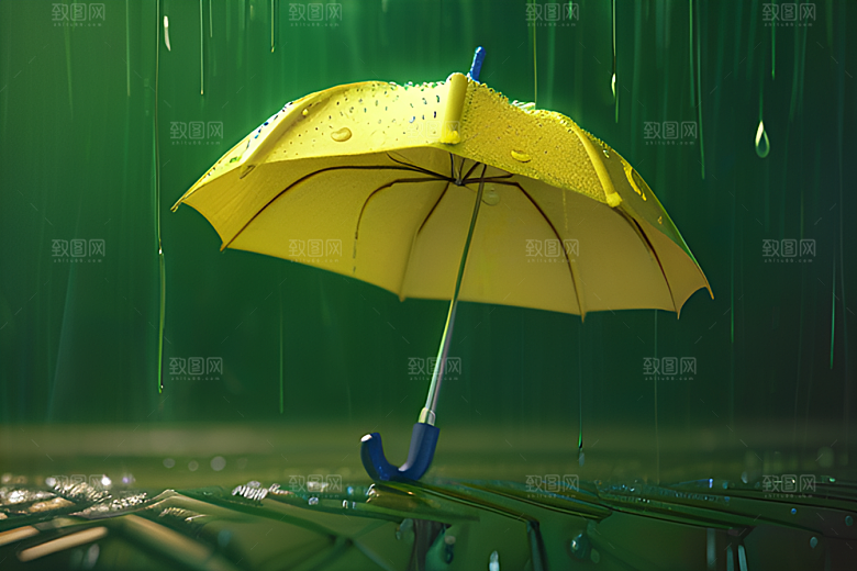 绿色背景下的水滴与雨伞