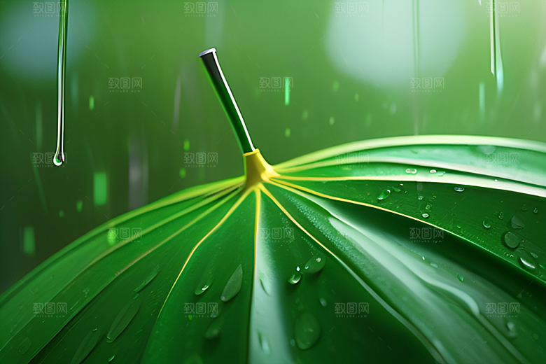 绿色背景下的水滴与雨伞
