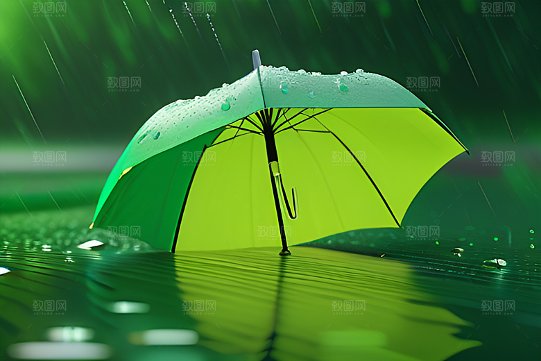 绿色背景下的水滴与雨伞