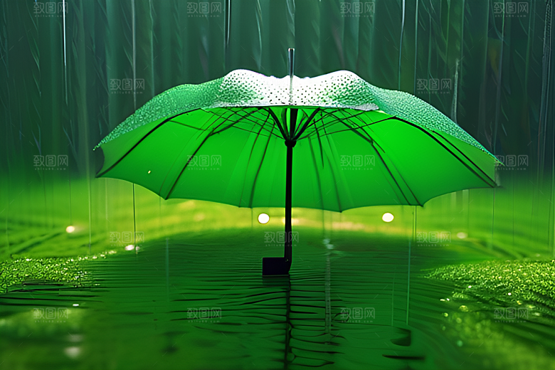 绿色背景下的水滴与雨伞