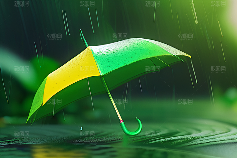 绿色背景下的水滴与雨伞