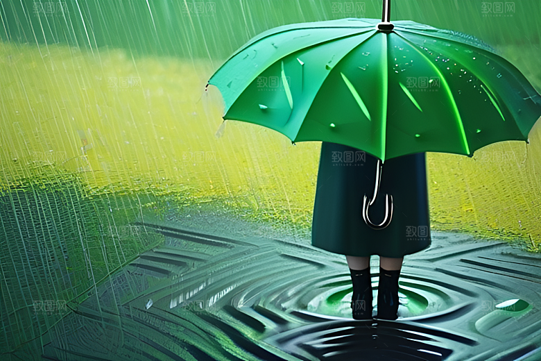 绿色背景下的水滴与雨伞