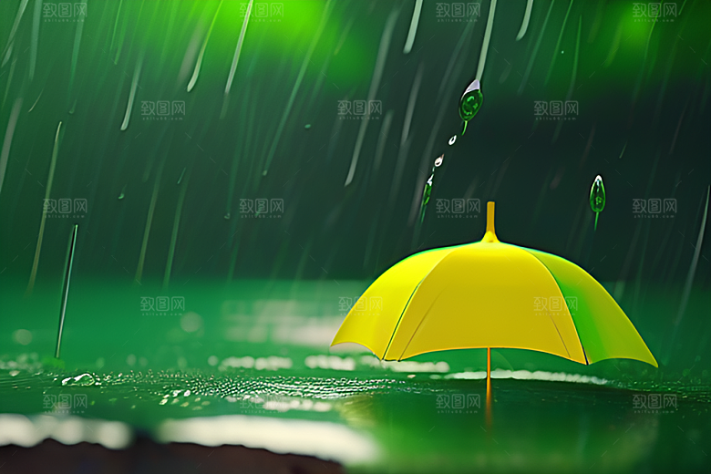 绿色背景下的水滴与雨伞