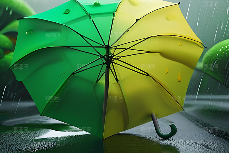 绿色背景下的水滴与雨伞