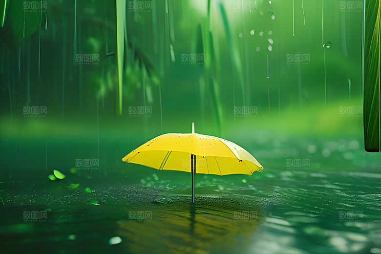 绿色背景下的水滴与雨伞