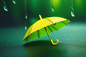 雨中的绿色背景与雨伞