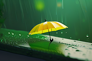 雨中的绿色背景与雨伞